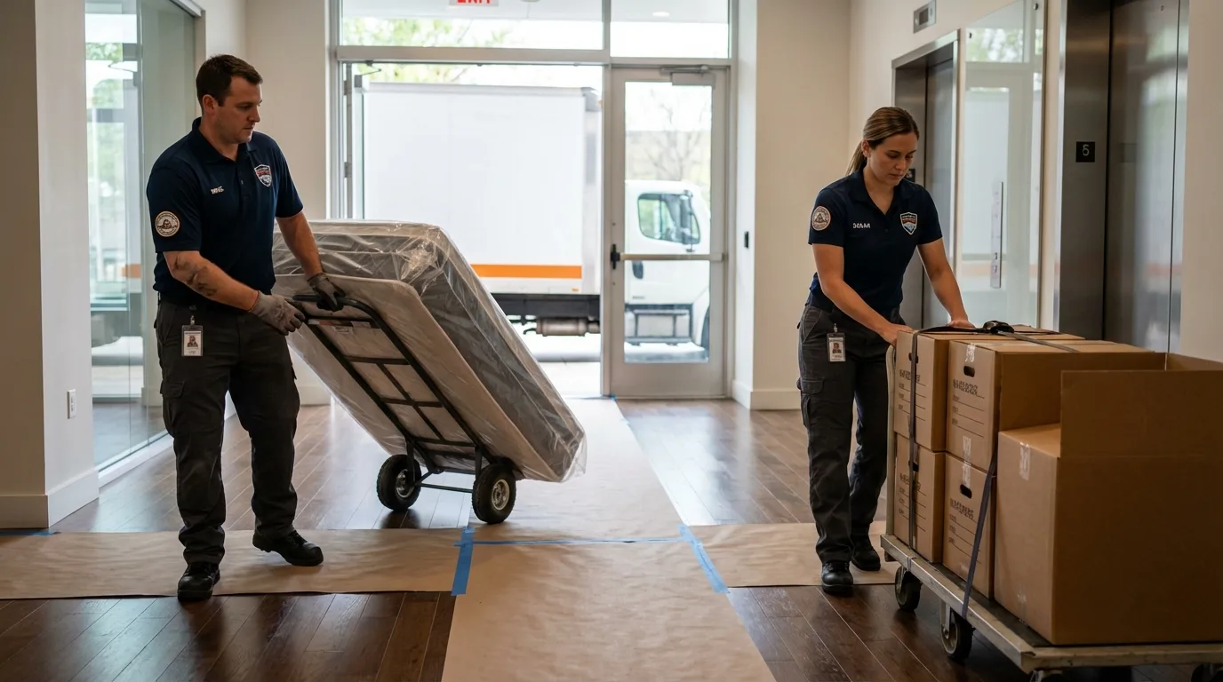 Professional apartment movers loading elevator in Lebanon, IL